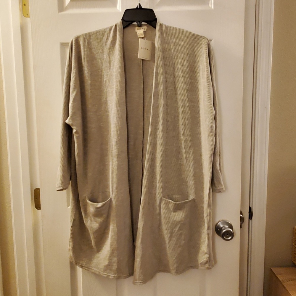 DONNI. Knit Duster Cardigan Open Front Pocket Stripe OSFA One Size Career Casual